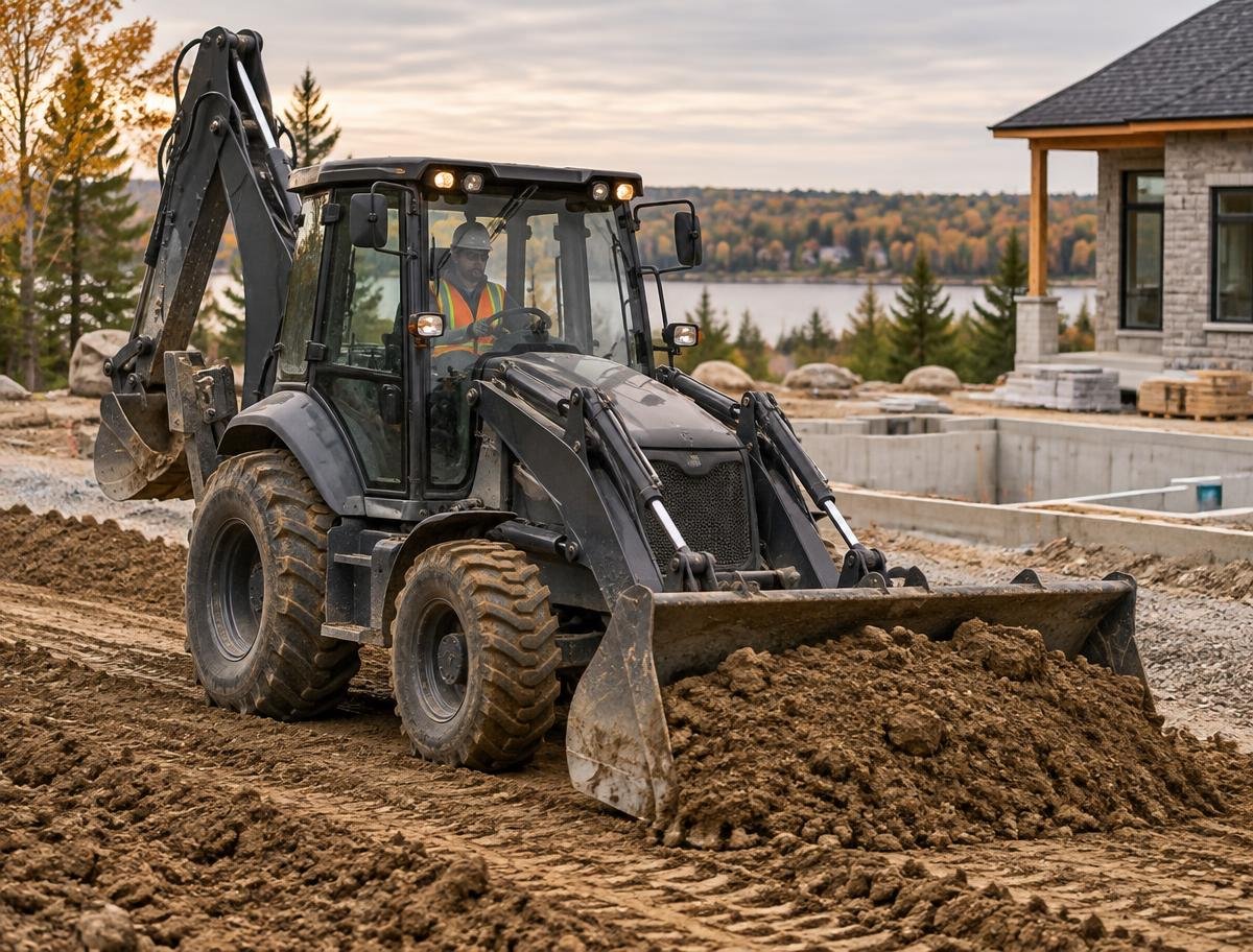 Backhoe loader grading a residential construction site